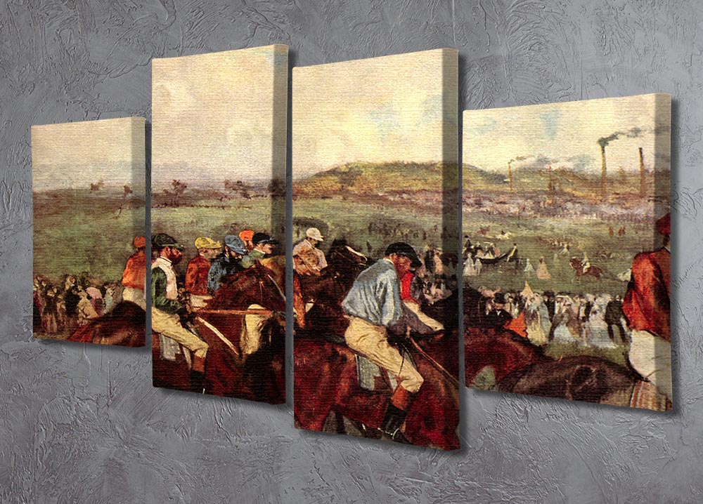 A 4-split canvas artwork featuring Degas' Men's Riders Before the Start, showcasing dynamic equestrian scenes in vibrant colors.